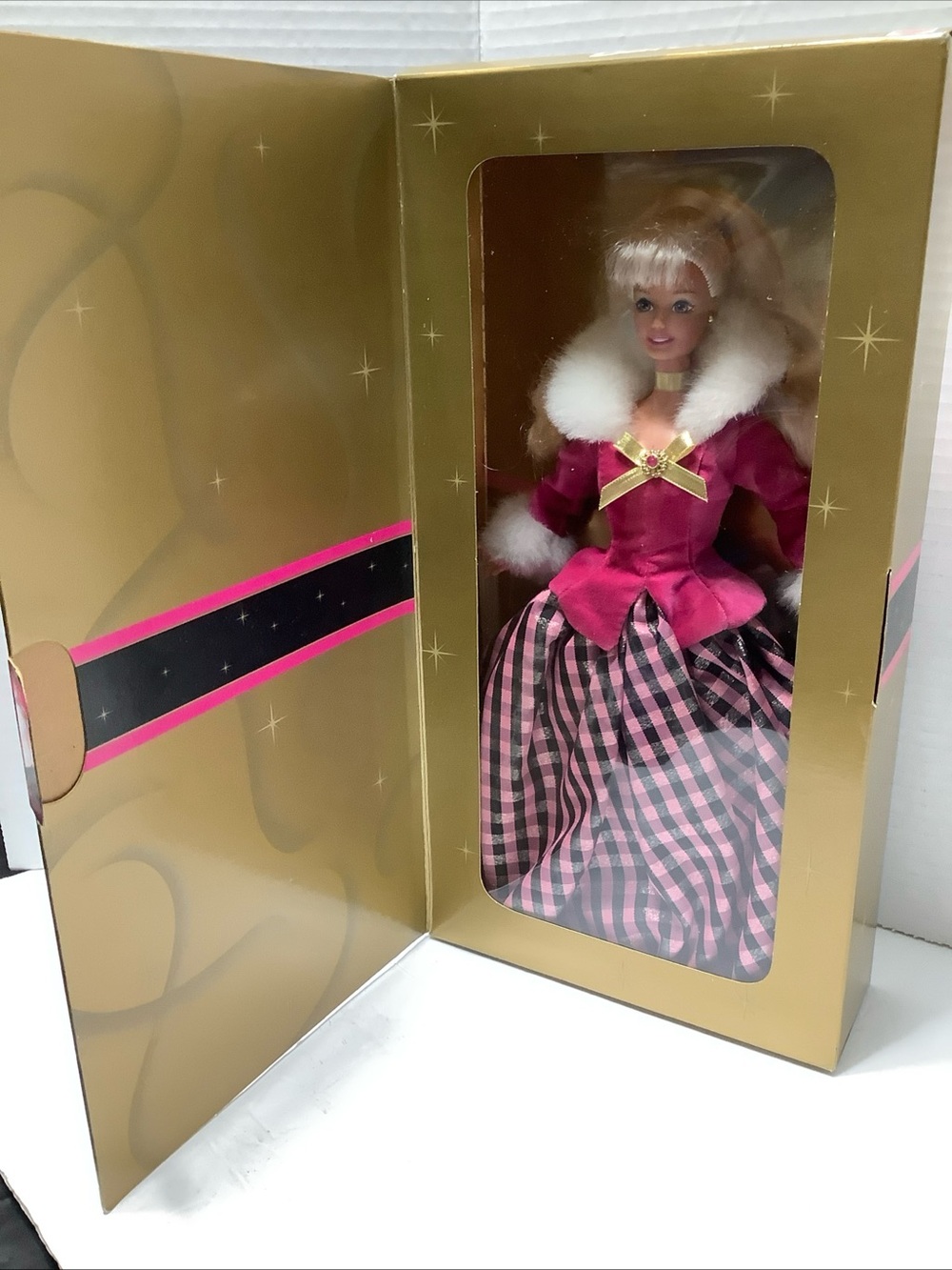Premium Pink Doll in Fuchsia and Black Plaid Gown - Picture 3 of 16